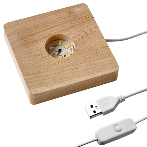 Image of LED Wood Light Base for 3D Crystal Glass Art, Resin Art & Acrylic - Square Lighted Lamp Stand Pedestal for Tabletop, Cabinet, Bedside Crystal Sphere Display
