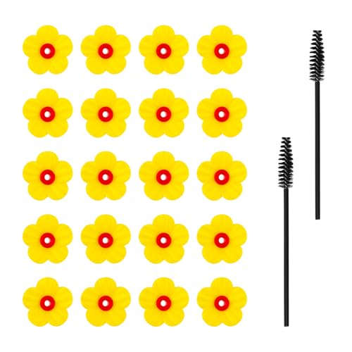 20pcs Hummingbird Feeder Replacement Flowers with 2 Cleaning Brush, Hummingbird Feeder Replacement Parts Bird Feeder Replacement Flowers Feeding Ports for Outdoors Hanging Feeders (Yellow)