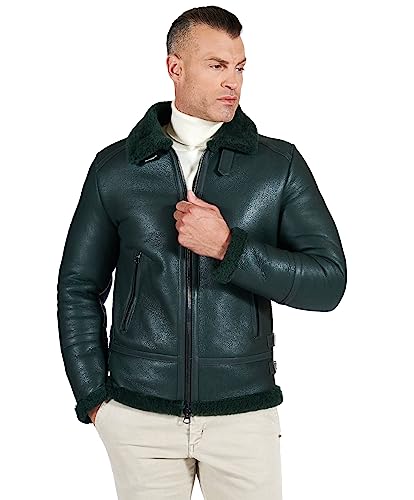 D’Arienzo Chaqueta Montone de Gamuza para Hombre Color Verde Modelo Cazadora Cremallera Cuero Genuino Made in Italy Peter 54/XL/Green