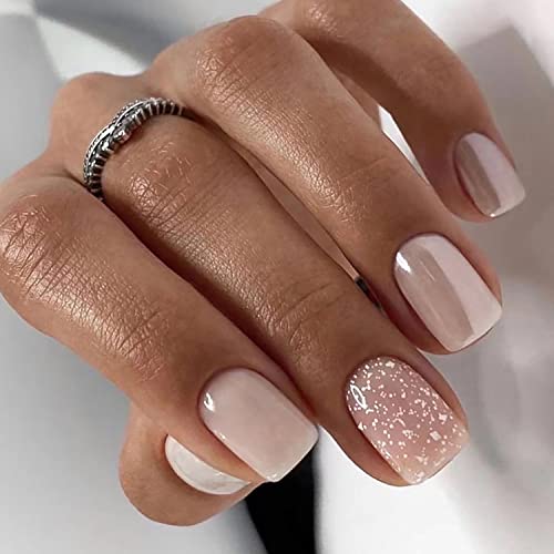 KSTBJN Short Press on Nails Cute Square Fake Nails, Full Cover False Nails with Glitter Design Glossy Stick on Nails Nude Pink Acrylic Nails Short Square Glue on Nails for Women and Girls DIY Manicure