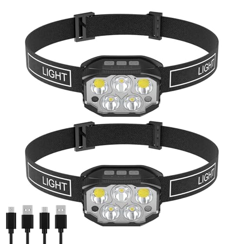 Yjkedfh Frontales para Adultos Recargables | 2 Piezas Linterna de Banda para Jogging | LED 6 Modos 350 Lúmenes Sensor de Movimiento Linterna Recargable con Luz,Para Adultos Caza Noche Caminar Correr