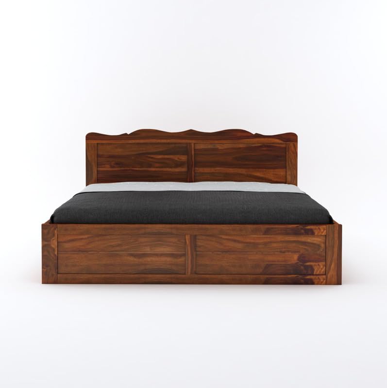 Image of Wooden King Size Bed with Storage | Double Bed Cot Bed with Box Storage for Bedroom & Hotel | Sheesham Wood, Honey, Recommended Mattress Size: 78 X 72