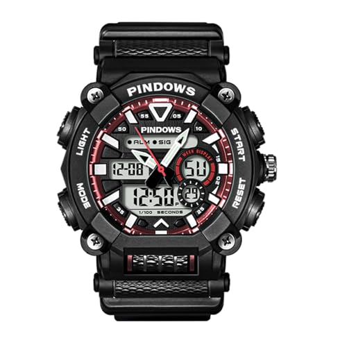 PINDOWS Esfera Grande Reloj Digital para Hombre, Militar Analógico Digital Relojes de Pulsera 5atm Impermeable con Alarma/Temporizador/luz LED Electrónico,Rojo