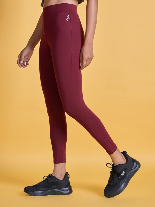 Image of NYKD Stretchable Cotton Tights /Leggings for Women, High Waist Stylish Running /Gym /Sports Wear - Legging, NYAT076, Zinfandel, XL, 1N Maroon