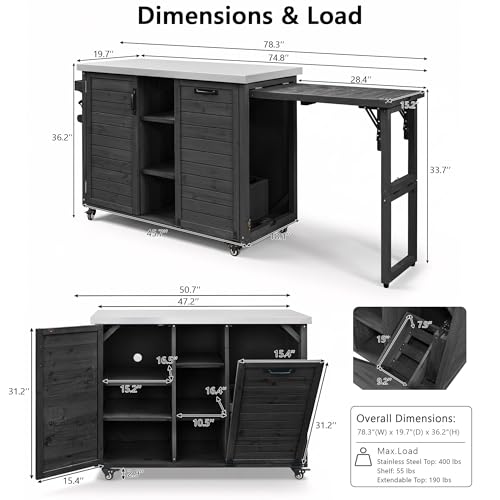 Image of Merax 78.3 inch Outdoor Kitchen Island with Foldable Grill Table, Wooden Outdoor Grill Cart with Trash Can Storage & Stainless Steel Top, Outdoor Bar Cart, Pizza Oven Table for Lawn & Garden, Black