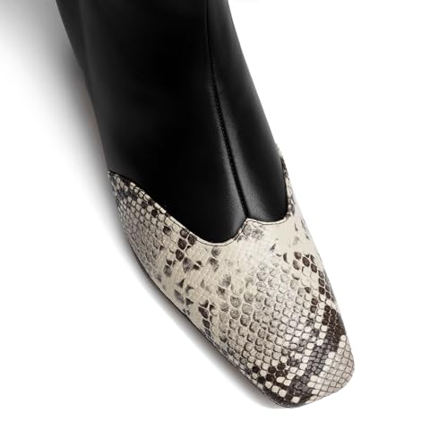 Vertundy Women's Ankle Boots Square Toe Booties Low Kitten Block Chunky Heel Snakeskin Patchwork Leather Chelsea Boots4