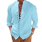 Puimentiua Leinenhemd Herren Langarm Leichtes Sommerhemd Strand Henley Shirt mit Stehkragen,Blau,XL