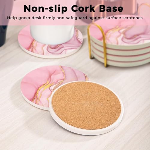 Image of Pink Coasters Set of 6, Absorbent with Gold Holder, Wood Drinks with Cork Backing, Drink Coasters for Table Home Kitchen Housewarming Gift