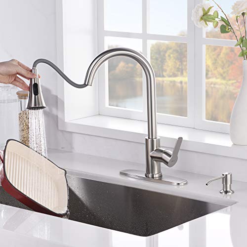 Amazing Force Pull Down Kitchen Faucet With Soap Dispenser Brushed Nickel Kitchen Sink Faucet With Spray Single Handle Kitchen Faucet Utility Sink 1.8 Gpm #TOP3