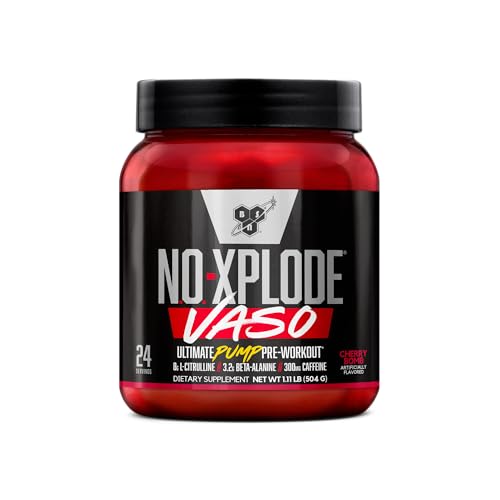 Image of BSN N.O.-XPLODE Vaso Pre Workout Powder with 8g of L-Citrulline and 3.2g Beta-Alanine and Energy, Flavor: Cherry Bomb, 24 Servings
