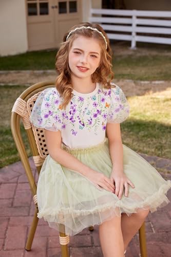 Image of Arshiner Girls Shirts Mesh Puff Short Sleeves Blouse Crewneck Cute Print Summer Kids Tee Tops