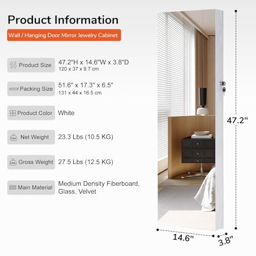 GISSAR Full Length Mirror Jewelry Cabinet, 6 LEDs Jewelry Armoire Wall Mounted Over The Door Hanging, Jewelry Organizer Storage with Lights Lockable White by GISSAR - Image 4