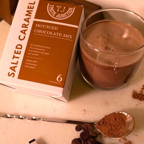 Image of Taste Junction Premium Salted Caramel Chocolate Drink Mix | <0.2g Sugar | 55% Dark Belgian Chocolate | 6 Instant Sachets