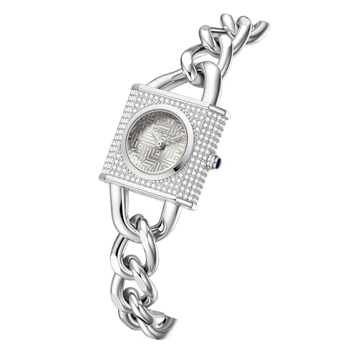 Image of Giordano Analog Quartz Watch for Women with Textured Square Dial, Crystal Studded Bezel, Blue Crown, Stainless Steel Strap - GZ-60160