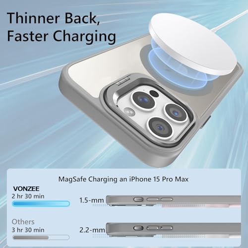 Image of VONZEE Clear Camera Kickstand Case for iPhone 15 Pro Max, Built-in Adjustable Camera Stand, Clear Magnetic Mag-Safe Shockproof Classic Series Phone Cover (Grey)