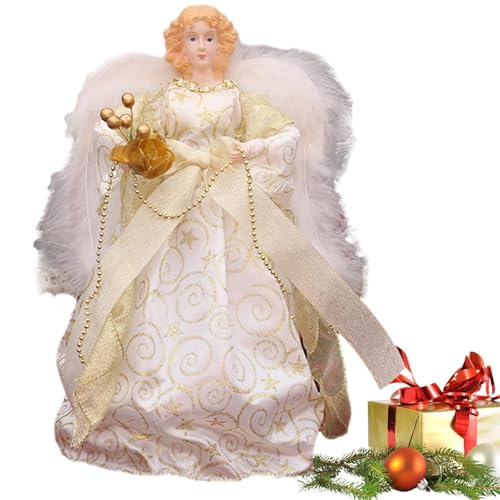 Adorno de árbol de ángel, ángel de Navidad de pie con alas de plumas blancas, figura de ángel de Navidad, ángel de 7.08 pulgadas en la parte superior del árbol para cumpleaños, Navidad, árboles de