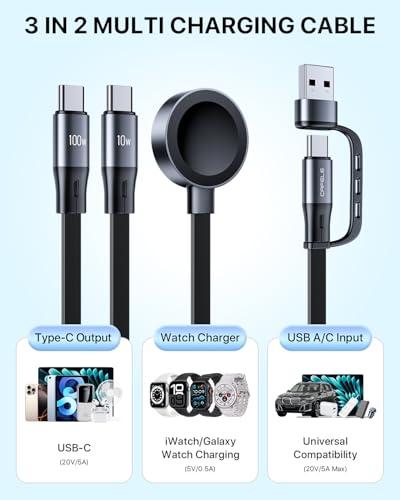Image of CAFELE 100W Retractable USB-C to USB-C 5A Fast Charging 3-in-1 Cable, Features Magnetic Charging and Overheating Protection, 4.5-Foot USB Type-C for Phone, Notebook, Pad, Watch（Gray）