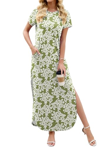 Image of Heymoments Womens Summer Maxi Dress Short Sleeve Casual Loose Long T Shirt Split Vacation Beach Sundress with Pockets