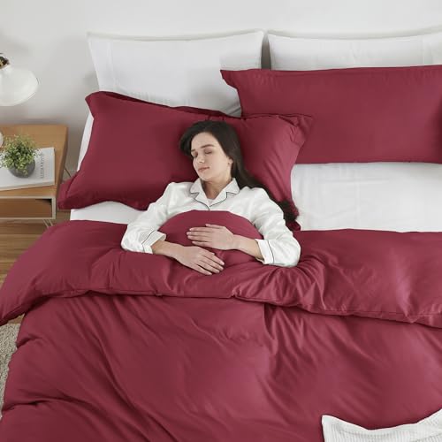 Image of Hearth & Harbor Burgundy Red Duvet Cover Queen Size, 3 Piece Bedding Set | Soft Double Brushed Bedding Set, Button Closure, 1 Duvet Cover 90x90 Inches, 2 Pillow Shams