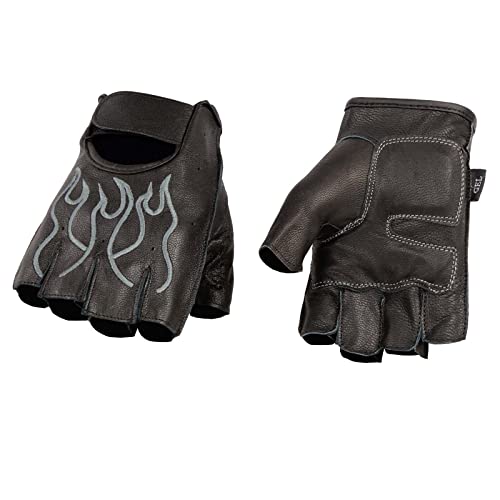 Milwaukee Leather Sh198 Men's Black Leather Gel Padded Palm Fingerless Motorcycle Hand Gloves W/ ‘Grey Flame Embroidered’ - Large #TOP25