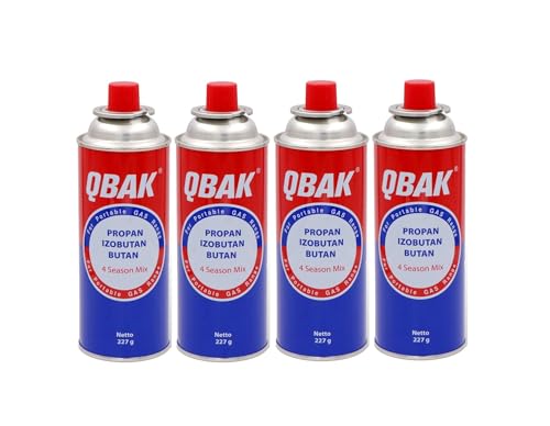 XHC BRICO - 4 Cartuchos de 227gr - Cartucho de GAS BUTANO PORTATIL 277G - QBAK - Pack de 4 Botellas para Camping Gas Portatil u Hornillo Camping Portátil, Cocinal, Infernillo, Fogareiro (4 botellas)