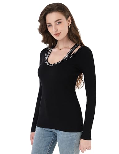 AmélieBoutik Women Rhinestone V Neck Solid Sweater Ribbed Knit Casual Blouse Tops2