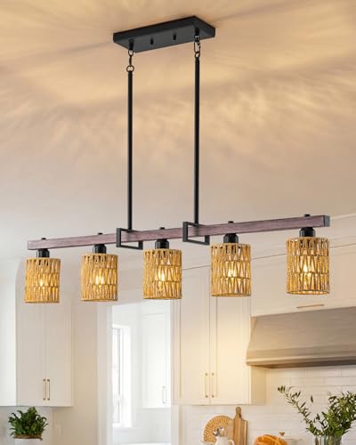 Rjieoc 5-Light harmhouse Kitchen Island Light Fixture, Linear Chandelier for Dining Room, 5-Light Rustic Pendant Light Over Table, Handmade Woven Farmhouse Wicker Chandelier