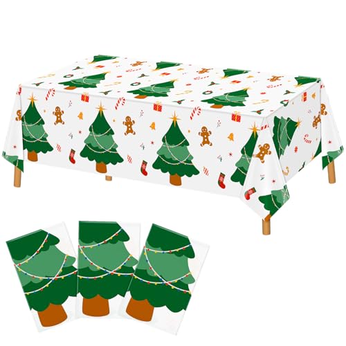 Image of Hxezoc 3 Pack Disposable Plastic Christmas Tree Tablecloth, 54 x 108 Inches Christmas Party Table Cover for Xmas Winter Holiday New Year Home Dinner Decorations