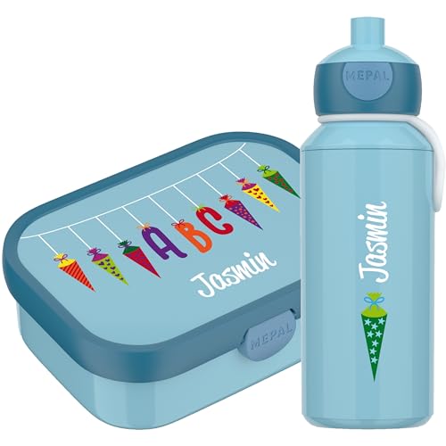 4youDesign Mepal Bento Box & Trinkflasche Set personalisiert Schultüte kursiv blau – Geschenk für Kinder Weihnachten, Nikolaus, Geburtstag - Auslaufsicher – Brotdose 750ml, 400ml Flasche (Cool Blue)