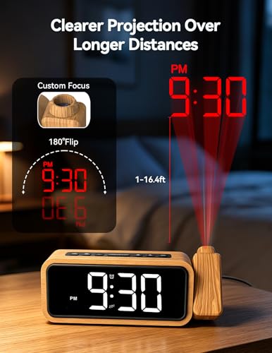 Netzu Wooden Projection Alarm Clock, Loud Digital Plug-in Clock with 180° Rotatable Projector, 5 Volumes, 12 Ringtones, Snooze for Bedroom Ceiling Wood Decor - Image 2