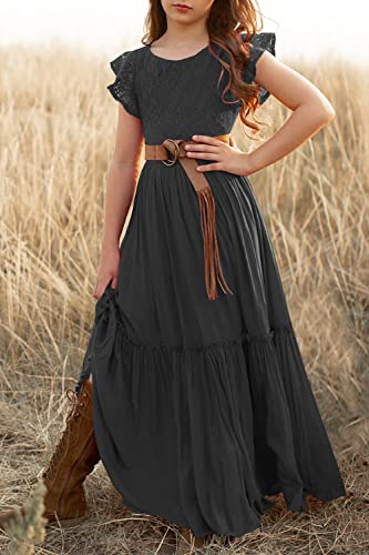 Mitilly Girls Lace Flower Ruffle Sleeve A-Line Swing Wedding Party Long Maxi Dress With Pockets 12 Years Black #TOP3