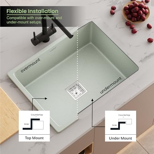 Image of LAPO Quartz Basin for Kitchen | 24x18 Inch Single Bowl Basin | Minimal Splash Noise & UV Protected Sink with Tap Hole | Sink with Drain Accessories and Basket | 3 Yrs Warranty (White Finish)