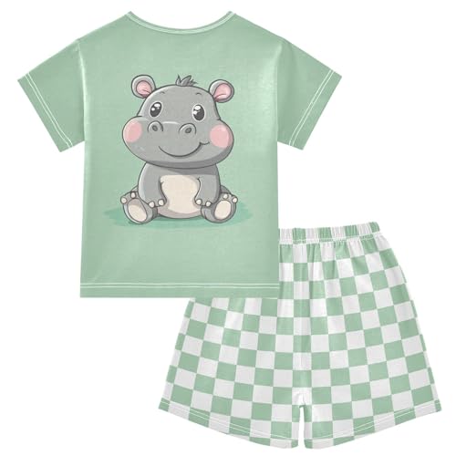 Checkerboard Plaid Cartoon Hippo Pajama Set Short Sleeve Sleepwear Soft Pajamas Shorts Sets Cotton PJS 5Y2
