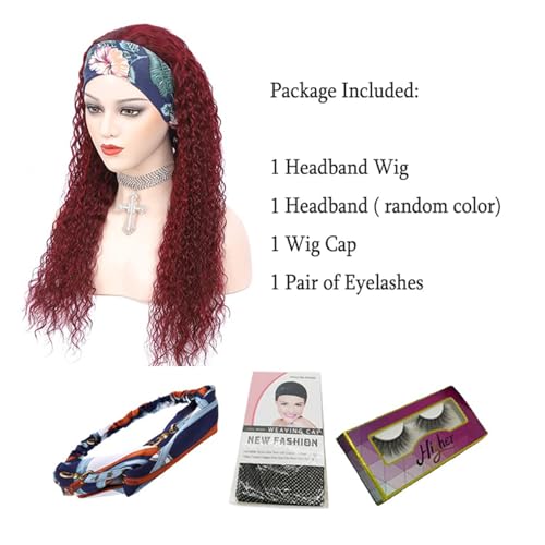 Image of 99J Burgundy Headband Wig Human Hair Deep Wave 16 Inch Red Colored Wigs | Glueless None Lace Front Curly Half Wigs for Black Women,Brazilian Virgin Hair Wear and Go Wig,Machine Made,150% Density
