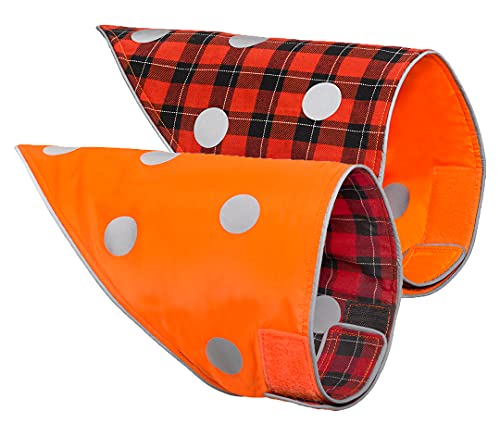 SPOT THE DOG! Reflective Dog Bandanas - Reversible High Visibility Safety Dog Accessories for Small, Large Dogs, Collar, Scarf, Bib Gear for Hunting, Walking at Night (Blaze Orange, Red Plaid, M-L)