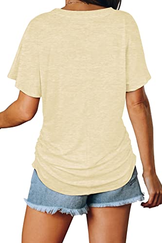 Image of WIHOLL Womens Summer T-Shirts Short Sleeve V Neck Dolman Tops with Side Shirring Loose Fit Shirts Spring Fashion
