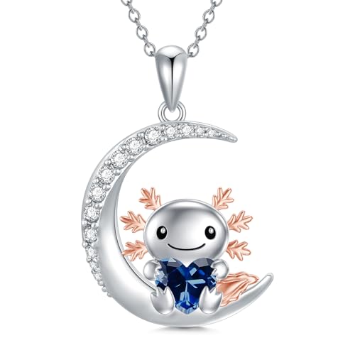 Image of PROESS Animal Birthstone Necklace 925 Sterling Silver Otter /Axolotl /Hippo /Elephant /Dachshund /Monkey /Red Panda Pendant Necklace Animal Birthstone Jewelry Gifts for Women
