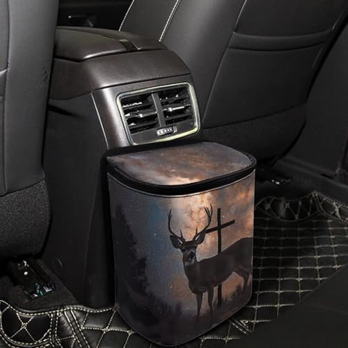 Image of Talayituse Galaxy Deer Cross Print Car Trash Bin, Large Size Auto Trash Can Adjustable Portable Garbage Can with Lid, Vehicle Hanging Bag for Headrest Front Back Seat