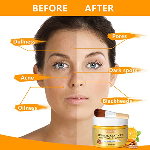 Pjordo Turmeric Vitamin C Clay Mask, Deep Cleansing Face Mask, Turmeric Face Mask, Clay Face Mask Skin Care, Acne Facial Mask Improve Blackheads Dark Spots Refining Pores Even Skin Tone 5.29 Oz #TOP3