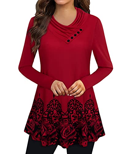 Gaharu Fall Tunic, Womens Cowl Neck Tunic Tops Casual Winter Long Sleeve Floral Printed Flowy Blouse Shirt (X-Large,Wine)