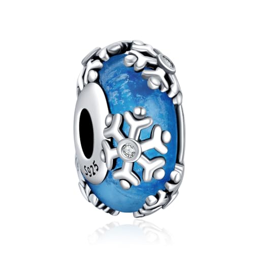 Image of Blue Snowflake Glaze Charms for Women Charm Bracelets, 925 Sterling Silver Mother's Day Halloween Birthday Christmas Jewelry Gift for Women