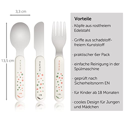 Foto von MiaMia Kinder und Baby Besteck Set - sicheres, geprüftes und lebensmittelechts Babybesteck aus Edelstahl mit handlichen Griffen - Creme Weiß (ab 18 Monate (6 Teile))