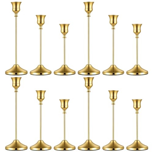 12 PCS Gold Metal Taper Candle Holders Bulk, Candlestick Holders, 7cm Diameter Taper Candle Holder Bulk for Table Centerpieces Candlesticks for Wedding Christmas Home Party Table Decor-23/19/16cm
