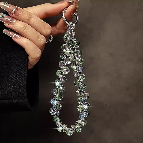 Image of TENOC Beaded Phone Wrist Strap, Green | Cellphone Lanyard Chain, Sparkling Wristlet Bracelet, For Women