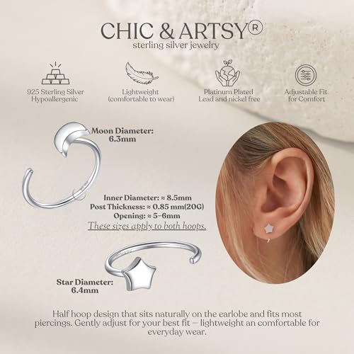 Image of CHIC & ARTSY 925 Sterling Silver Half Hoop Earrings for Women, Small Huggie Hoops Set with Ball Bar Star Moon Cross & Pearl, Lightweight Comfort Fit Everyday & Sleep Earrings