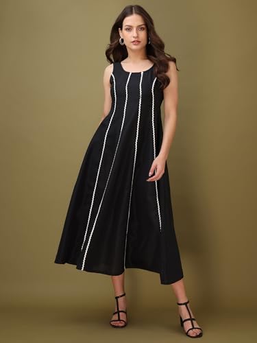 Image of PURVAJA Women's Round Neck Flared Cotton Blend Dress (Floe-043-045)