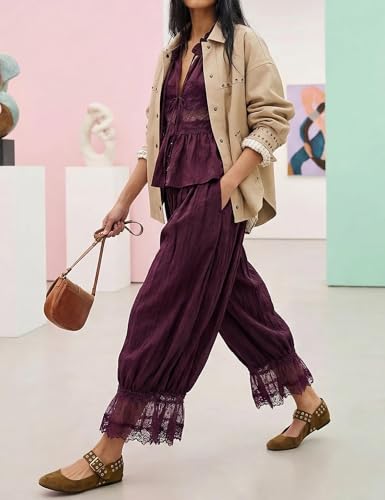 Image of KOSUSANILL Women Long Bloomer Pants Lace Trim Ruffle Pantaloons Cropped Lounge Pajama Bottoms Y2K Capri Pettipants