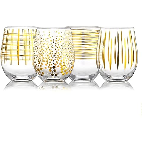 Joeyan Handmade Decal Stemless Wine Glasses Set of 4-520ml Gold Swirls Dots Decal Wine Glasses - Large Glass Wine Tumblers for Wine Tasting, Wedding, Anniversary, Party Cover