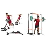 Sunny Health and Fitness Unisex’s Station Hyperextension Roman Chair with Dip Station + Power Zone Strength Rack Power Cage - 455 KG Weight Capacity, Spotter Bar
