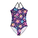 KLL Stars Neon Colorful Fashion Bathing Suit for Girls, 1 Piece Swimming Suits Adjustable Strap Quick-Dry Summer 4T